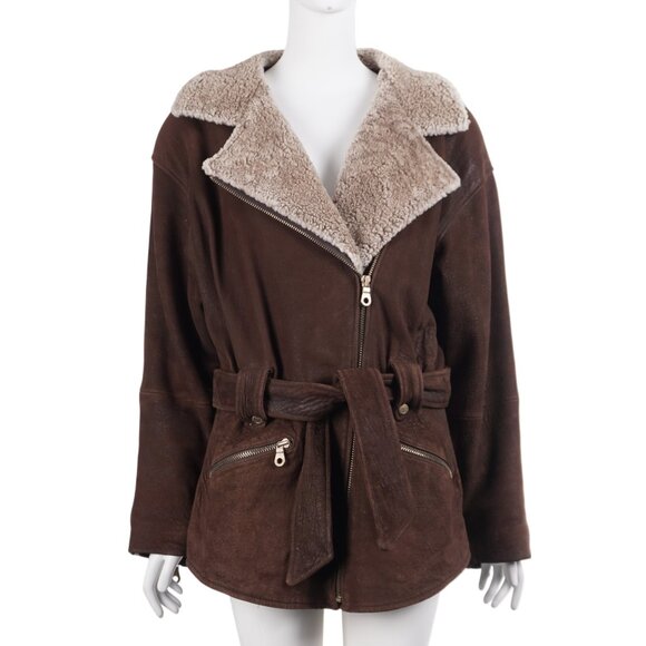 ANDREW MARC Vintage Women Jacket M Brown Leather Shearling Collar Full Zip Belt - Picture 1 of 16